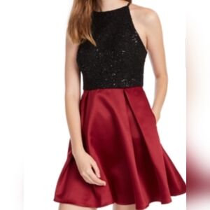 NWT SPEECHLESS JUNIORS COLORBLOCK LACE FIT FLARE Black and Red Halter Dress